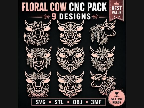 Download 9 Floral Cow CNC SVG STL Bundle Pack - Cnc svg Collection